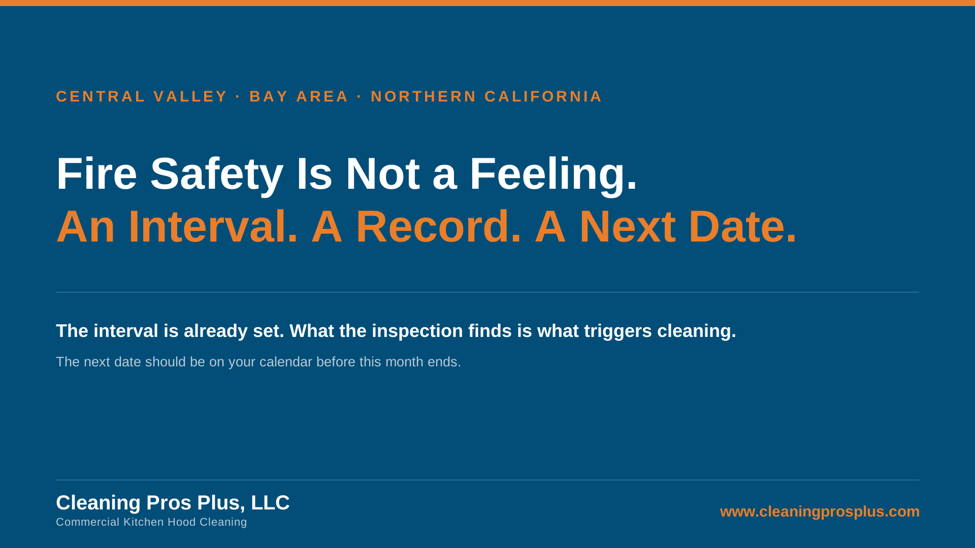 Hood cleaning and fire safety — an interval, a record, and a next date — Cleaning Pros Plus, LLC